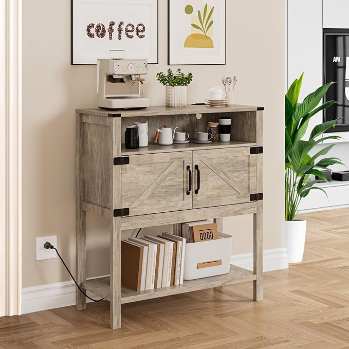 Console Table with Outlets, Farmhouse Coffee Bar Cabinet, 31.5 l x 13.8 D x 35.5 H, Entryway Table with Storage Cabinets for Living Room, Couch, Hallway, Foyer, Kitchen (Brown)