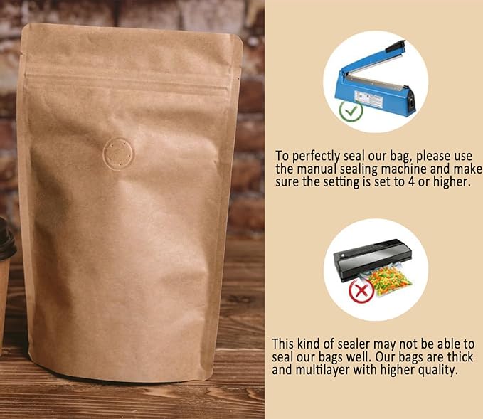 100 Pack Kraft Coffee Bags with Zipper Lock, High Barrier Resealable Stand Up Coffee Pouches, Degassing Valve for Coffee, Size for 32oz/1kg Beans or Grounded