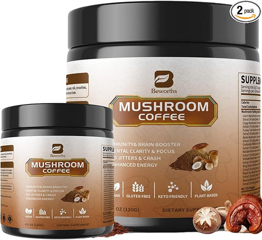 B BEWORTHS 2Pack Mushroom Coffee Powder with MCT Oil - 10 Mushroom Lion's Mane, Turkey Tail, Reishi, Cordyceps & Chaga - Instant Arabica Mushroom Coffee for Focus, Immune, Gut & Brain Health | Keto