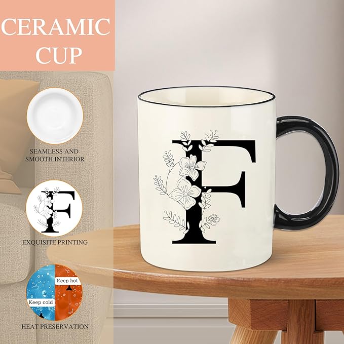 Monogram Ceramic Coffee Mugs, 11 oz Initial Drinking Cup with Gift Box, Unique Birthday Christmas Gifts for Women Wife Mothers Day Grandma Mom Aunt, F