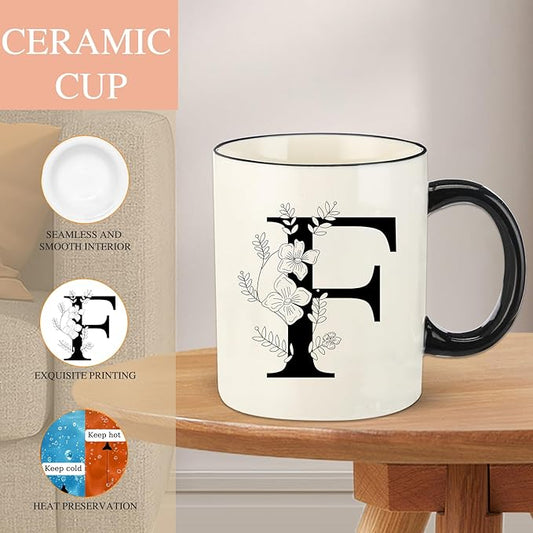 Monogram Ceramic Coffee Mugs, 11 oz Initial Drinking Cup with Gift Box, Unique Birthday Christmas Gifts for Women Wife Mothers Day Grandma Mom Aunt, F