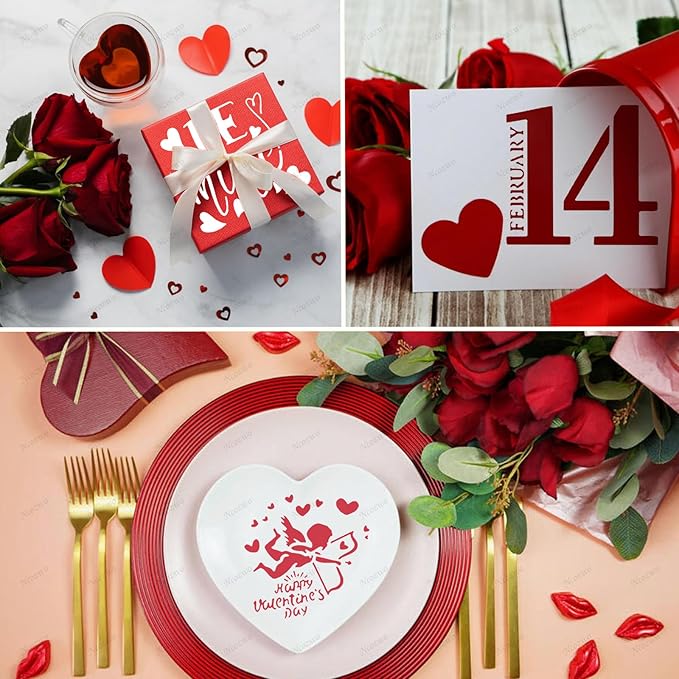 Valentines Day Cake Stencils Kit Reusable Cookie Coffee Stencil Drawing Template for Dessert Buttercream Painting Envelopes DIY Crafts Wall Floor Decor (9 Pcs Love)