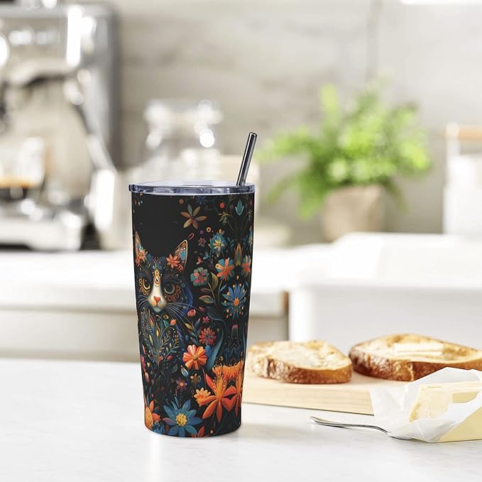 Cat Tumbler with Lid and Straw 20oz Coffee Tumblers Leakproof Stainless Steel Travel Mug Vacuum Insulated Cup for Iced and Hot