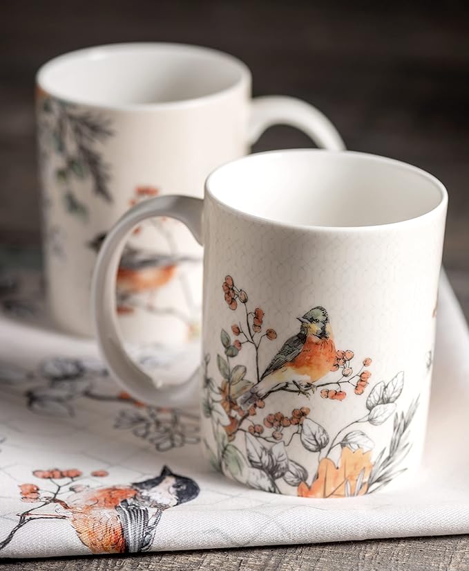 Maison d' Hermine Coffee Mug with Handles Fine Bone China Mugs Pack of Two Tea Cups for Hot Beverages Cappuccino Latte Home Restaurant Office Perfect for Gift (Whitish Shabby Chique, 15 Ounce)
