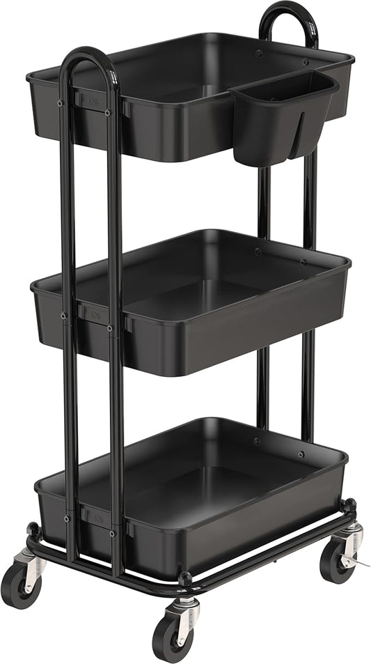 Simple Houseware 3-Tier Rolling Coffee & Utility Cart with Hanging Bucket | Black Metal Storage Organizer