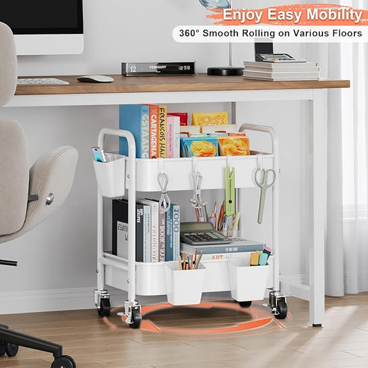 2 Tier Small Rolling Metal Cart with Wheels, White Under Desk Storage Cart on Wheels, Short Utility Roller Carts Organizer for Pantry, Bathroom, Kitchen,Office, Two Tiered Mobile Storage Shelf Trolley