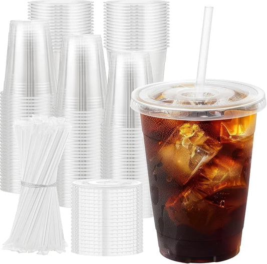 Clawsoff 12 oz 100 Pack Plastic Cups with Lids and Straws, Sturdy Food Safe Iced Clear Coffee Cups Disposable Smoothie Cups for Cold Drinks