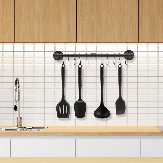 Wall-mounted Kitchen Pot Pan Rack with Hooks Industrial Hanging Utensil Holder Sturdy Space-saving Wall Rail Organizer for Cookware and Pots Easy to Install and Wear-resistant