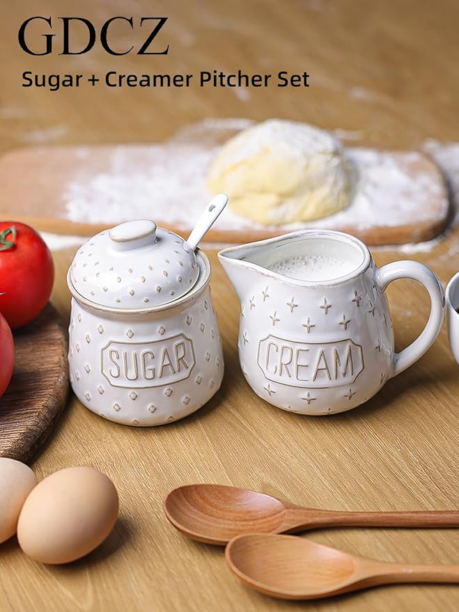 GDCZ Ceramic Sugar and Creamer Set, Coffee Serving Set, Sugar Bowl with Spoon and Cream Pitcher, Milk Creamer and Sugar Container (White)