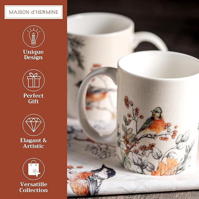 Maison d' Hermine Coffee Mug with Handles Fine Bone China Mugs Pack of Two Tea Cups for Hot Beverages Cappuccino Latte Home Restaurant Office Perfect for Gift (Whitish Shabby Chique, 15 Ounce)