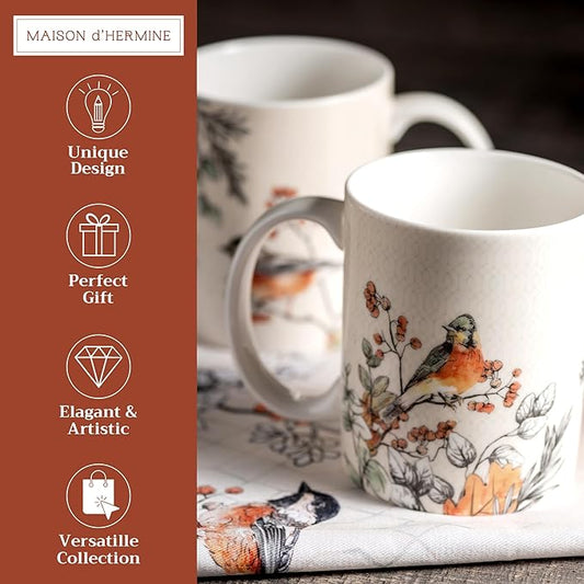 Maison d' Hermine Coffee Mug with Handles Fine Bone China Mugs Pack of Two Tea Cups for Hot Beverages Cappuccino Latte Home Restaurant Office Perfect for Gift (Whitish Shabby Chique, 15 Ounce)