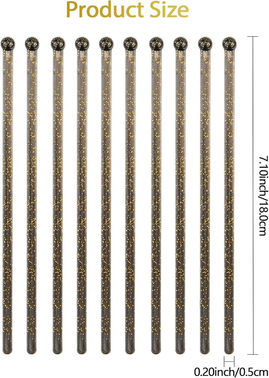 100 PCS Black Gold Glitter Plastic Swizzle Sticks, Crystal Cake Pops, Cocktail Coffee Drink Stirrers, Lolipop Stick for Christmas New Year Party, 7.10 Inch