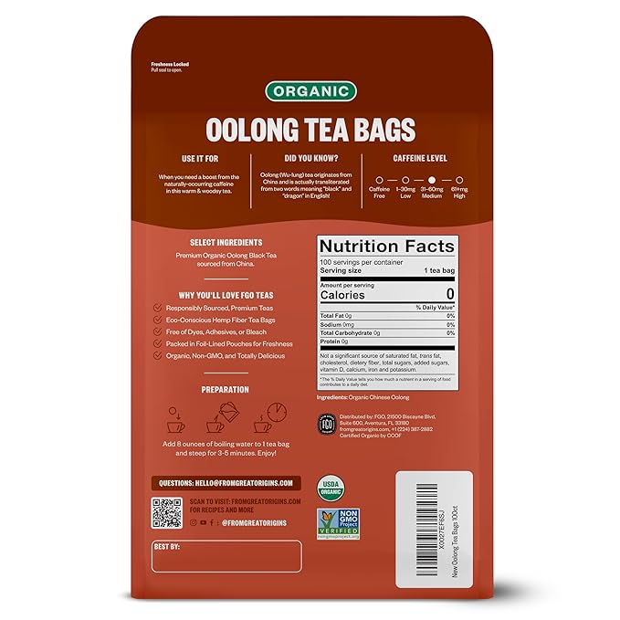 FGO Organic Oolong Tea, Eco-Conscious Tea Bags, 100 Count, Packaging May Vary (Pack of 1)