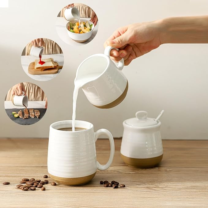 Ceramic Sugar and Creamer Container Set of 3,10 Ounce Cream Pitcher,11 Ounce Sugar Bowl with Lid and Spoon,Farmhouse Coffee Bar Accessories Set for Serving,Microwave & Dishwasher Safe,White