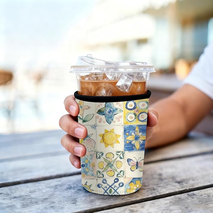 Neoprene Iced Coffee Sleeve 3 Pack, Reusable Insulated Cup Holder with Colorful Watercolor Pattern, Fits 16–32 oz Tumblers, Compatible with Starbucks & Dunkin