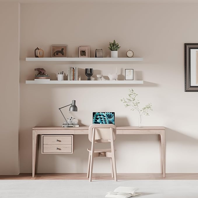 60 inch Long Floating Shelves for Wall,Solid Wood Long Shelves Set of 2,Rustic Wall Mounted Shelves with Invisible Brackets for Decor & Storage (White, 60 Inch)