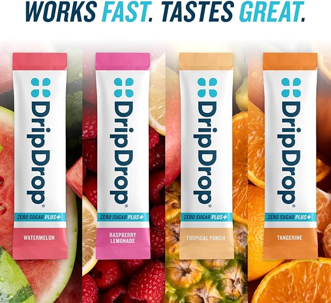 DripDrop Zero Sugar Plus - Sugar Free Hydration Packets- Single Serve Electrolytes Powder Drink Mix - Raspberry Lemonade, Watermelon, Tangerine, Tropical Punch - Non-GMO, Gluten Free, Vegan- 16 Sticks