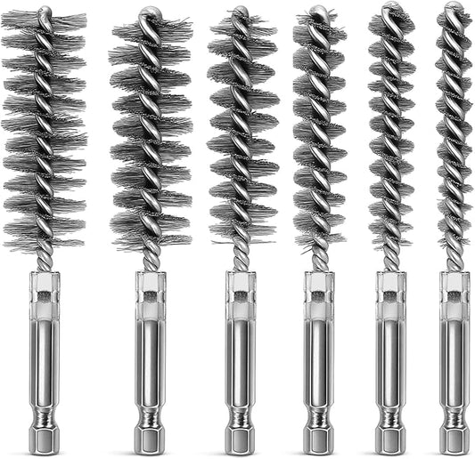 6 Pcs Stainless Steel Bore Brush Copper Pipe Cleaner, 6 Size Twisted Wire Cleaning Brush Set with 1/4 Inch Hex Shank for Cleaning Tubes Rust Bearings(8, 10, 12, 15, 17, 19mm)