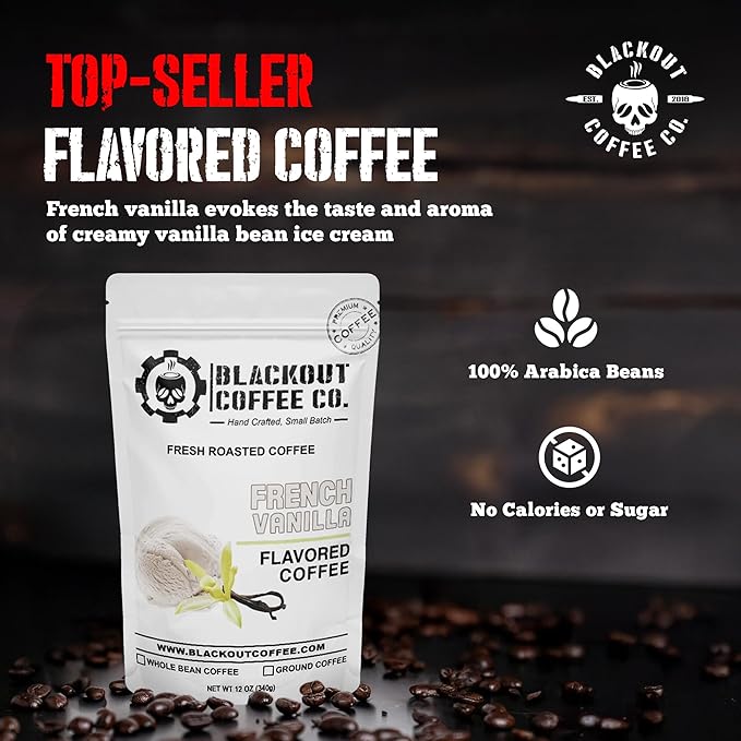 Blackout Coffee French Vanilla Flavored Ground Coffee – Smooth Taste, Guilt-Free Indulgence – Freshly Roasted 12oz Pouch