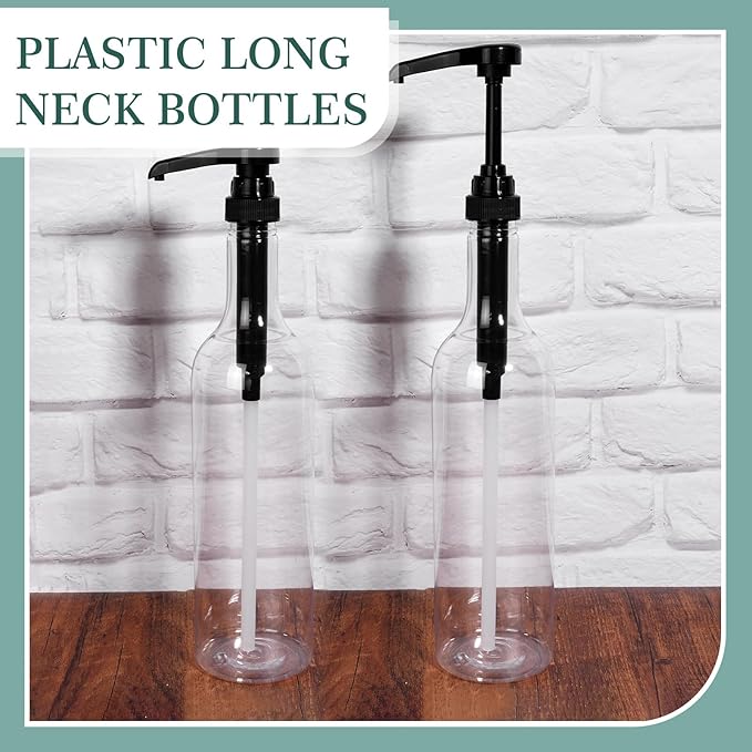 Maxdot 2 Pcs 25 oz Syrup Bottles with Pump Long Neck Bottles Plastic Syrup Pump Dispenser for Coffee Bar Accessories Home Party (Black)