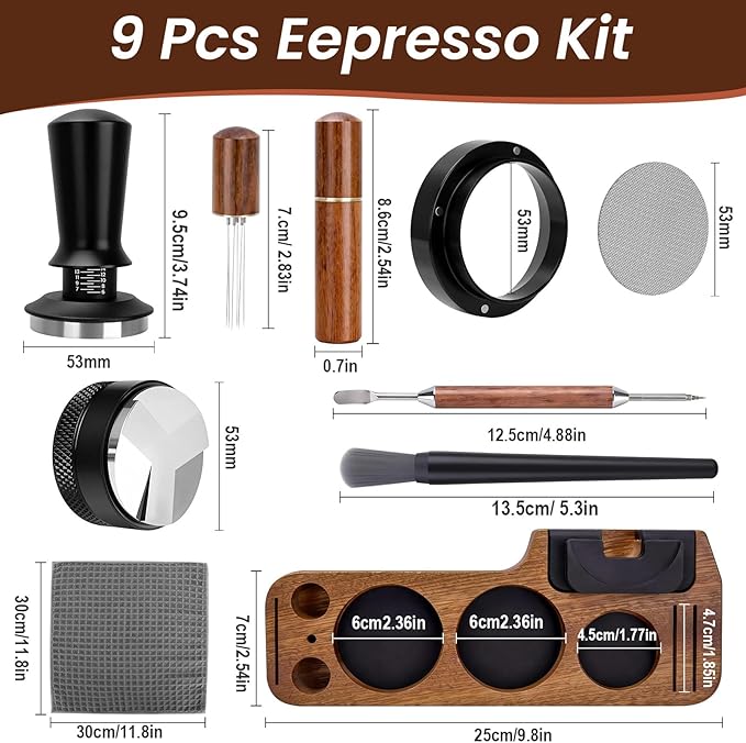 9 Pack Espresso Tamper Station&Coffee Distributor Tamper&Espresso WDT Stirrer&Coffee Tamping&Brush&Coffee Dosing Funnel&Espresso Puck Screen, Latte Art pen and Towel (54 mm)