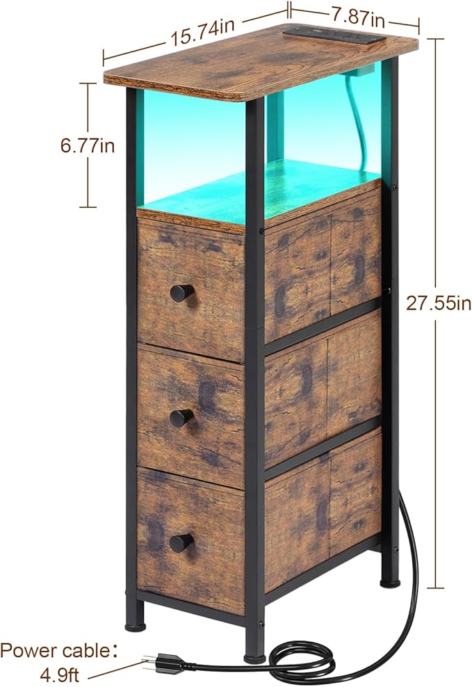 Narrow End Table Living Room with Charging Station, Skinny Side Table with Fabric Drawers, Slim LED Nightstand for Bedroom, Small Spaces, Couch, Rustic Brown, HETNDP03LPBR-1