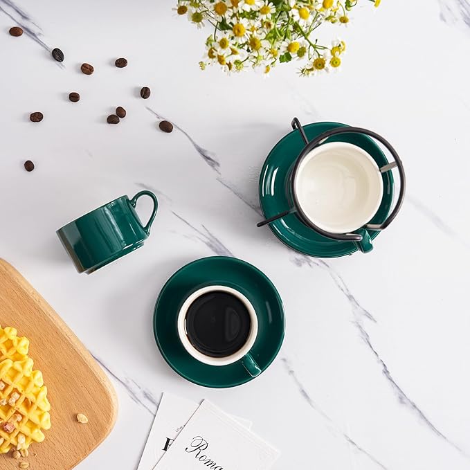 Meichu 2.5oz Porcelain Stackable Espresso Cups with Saucers and Metal Stand Set of 4, Stackable Espresso Cups Set of 4, Green Expresso Shots Cup Set for Cappuccino, Coffee Drinks, Latte, Tea