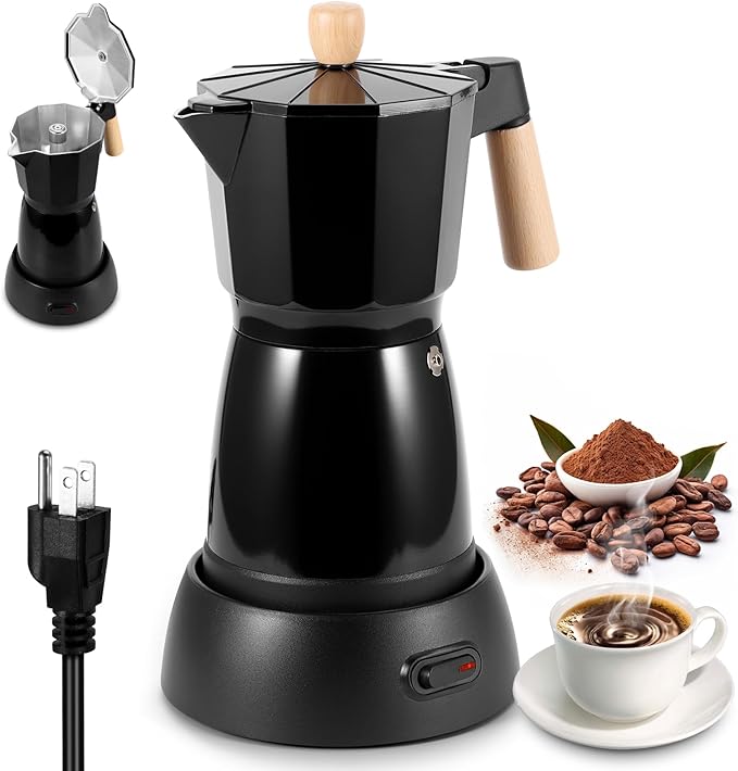 Electric Espresso Coffee Maker - 6 Cup Coffee Pot 300ml Electric Moka Pot, Portable Aluminum Cafeteras Electricas Italian Coffee Maker with Detachable Base, Coffee Machine, Gift for Coffee Lovers