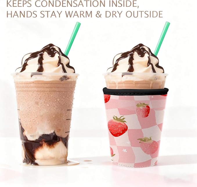 Cute Pink Insulated Coffee Sleeve for Women & Gifts Strawberry Checkered Iced Coffee Sleeve Set of 3 Fits 16oz 24oz 30oz Cups