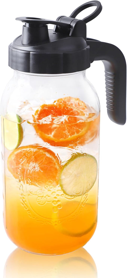 Half Gallon Mason Jar Pitcher With Lid 64 Oz Cold Hot Water Pitchers With Pour Spout 2 Quart Sun Tea Glass Jug For Fridge Beverage,Tea, Coffee, Lemonade, Juice, Milk Container Leakproof