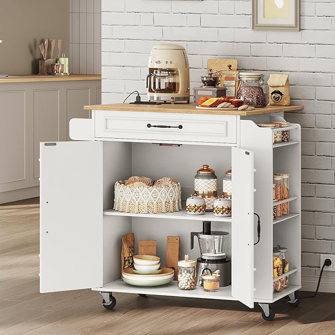 Kitchen Island with Power Outlets & Drop Leaf, Rolling Kitchen Cart on Wheels, Kitchen Storage Island with Spice Rack and Drawer, Mobile Island Table for Kitchen, Dinning, White and Natural