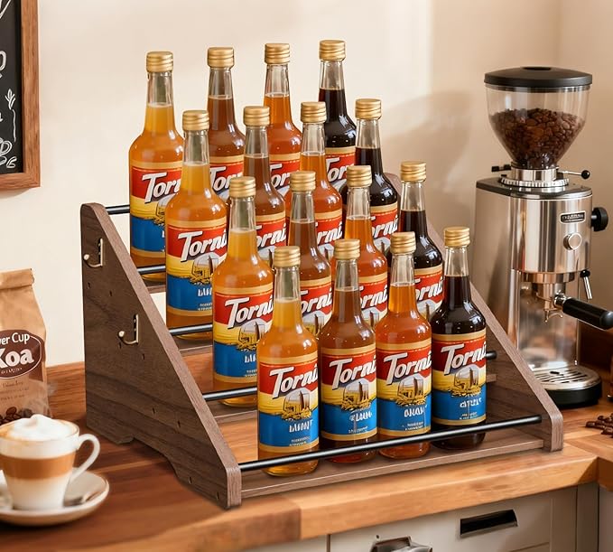 AHUONEL Coffee Syrup Organizer, 4-Tier Solid Wood Syrup Rack, Wine Rack, Storage Organizer for 16 Syrup Bottles/Spice Jars/Liquor Bottles, Sturdy Storage Stand for Coffee Bar