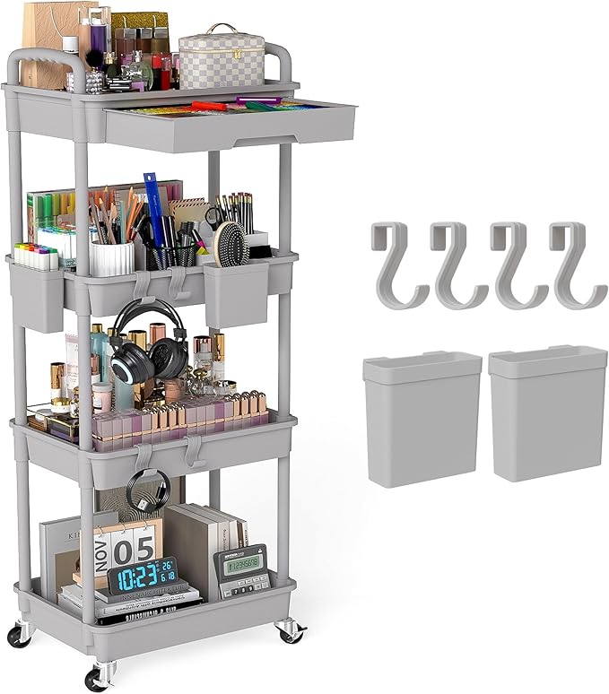 4 Tier Rolling Utility Cart with Drawer, Plastic Storage Organizer Rolling Carts with Wheels Handles Hanging Cups Hooks for Office, Bathroom, Kitchen,Craft Art Room (Grey)