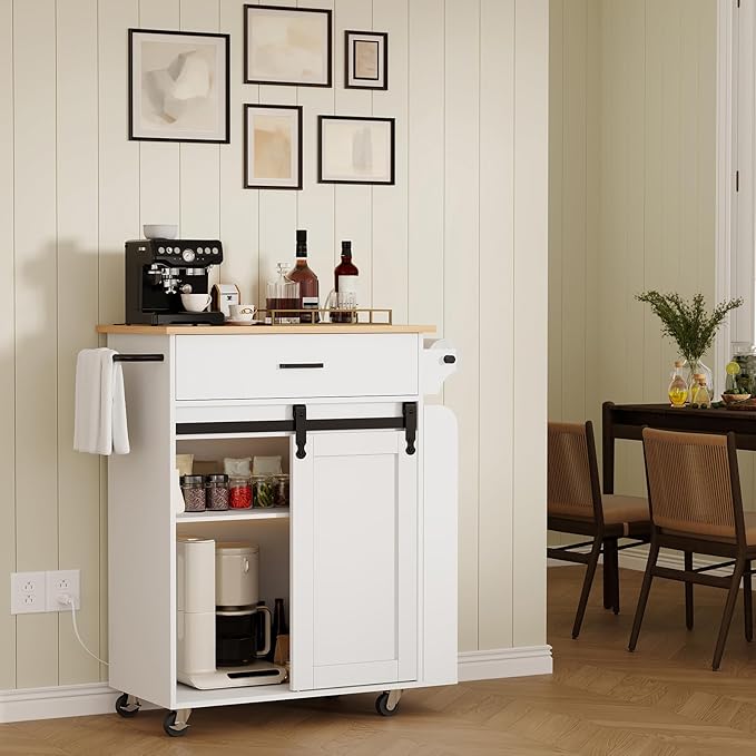 Kitchen Island with Storage, Kitchen Storage Cabinets with Charging Station, Kitchen Island on Wheels, Rolling Island Table with Sliding Cabinet Door, White and Natural ZD01UWN