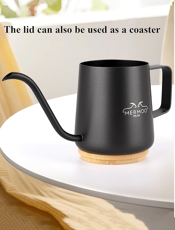 MERMOO YILAN Pour Over Coffee Kettle 12oz, Gooseneck, Wooden Lid, Precision Pouring,Single Serving, Sturdy Thicken 304 Stainless Steel, Dishwasher Safe, for Home, Camping, Travel, Office（black)