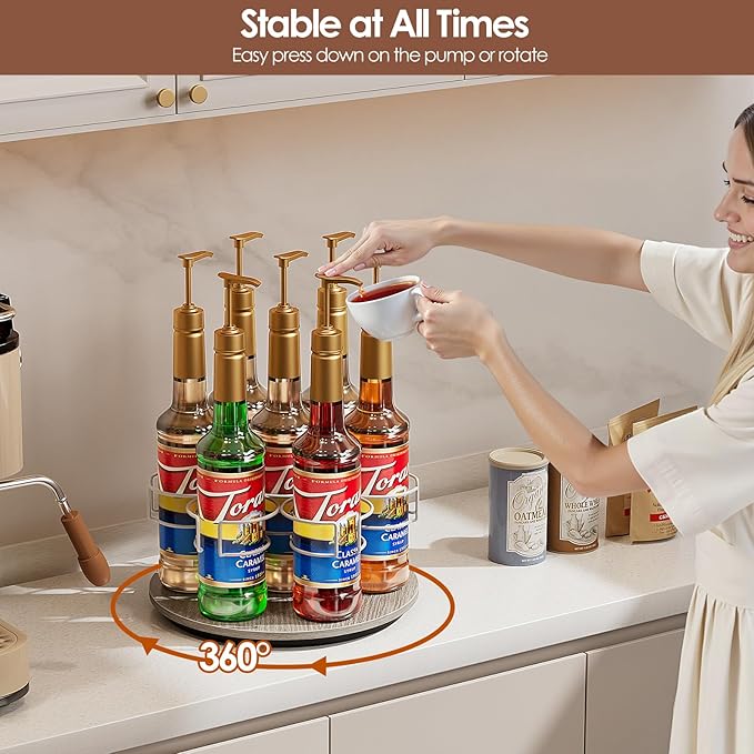 Kssiaz Rotating Coffee Syrup Organizer, 7 Bottles Coffee Syrup Rack for Countertop Syrup Bottle Holder Stand for Coffee Bar Station, Carbon Steel Frame with Wooden Base Coffee Bar Accessory, White