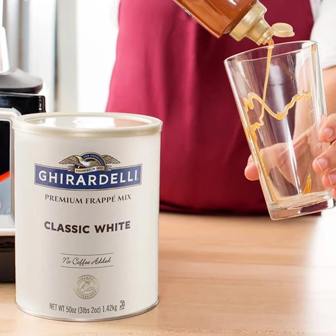 Ghirardelli Classic White Premium Frappé Mix, 3.12 lb Can with Ghirardelli Stamped Barista Spoon