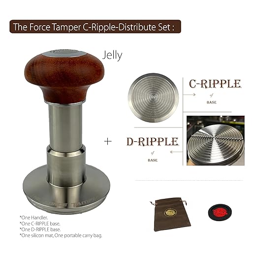 The Force Tamper Automatic Impact Adjustable Constant Pressure and Autoleveling Coffee Tamper Reddish Brown Jellyfish Wooden Handle Set Pro (C-Ripple Distribute Set, 58.35mm)