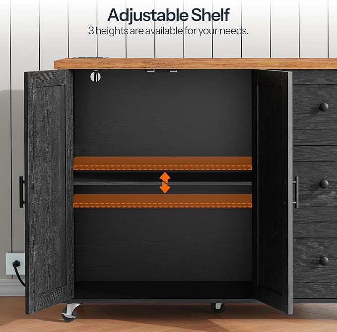 HOOBRO Kitchen Island with Power Outlet, Rolling Kitchen Island on Wheels, Island Table with 3 Large Drawers, Storage Cabinet, Spice Rack and Adjustable Shelf, Black and Rustic Brown BF15UZD01