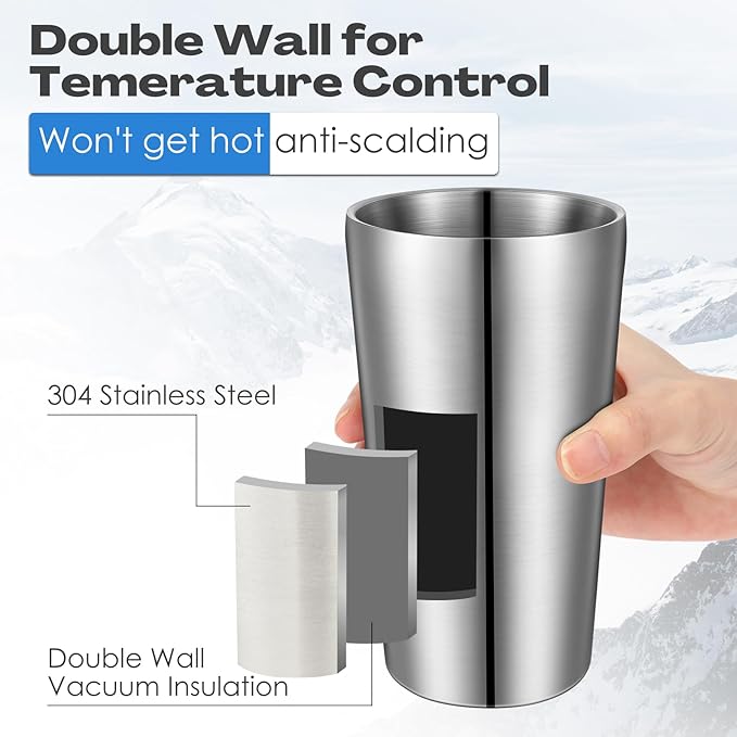 Mimorou 8 Pack Stainless Steel Insulated Cup 18.6 oz Metal Tumbler Double Wall Vacuum Water Glasses Camping Reusable Mugs BBQ Home Office Party Coffee(Silver)