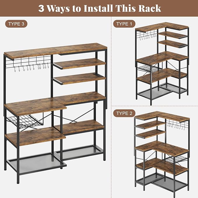 iabifo L-Shaped Bakers Rack with Power Outlet, 6-Tier Microwave Stand with Open Storage, Coffee Bar with Hooks, Mesh Grid, Kitchen Shelf with Wire Basket, Rustic Brown and Black