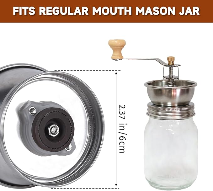 Mason Jar Coffee Grinder, Manual Coffee Grinder Lid Attachment for Regular Mouth Mason Jars, Stainless Steel Mason Jar Lid and Ceramic Burr, Ideal for Camping & Home Barista