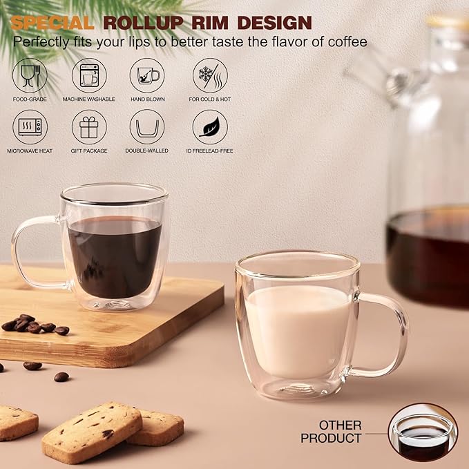 Double Walled Espresso Cups Set of 4, Hand Blown 5.5OZ Espresso Shots Glass, Coffee Mugs with Handle Perfect for Latte, Cappuccino, Tea