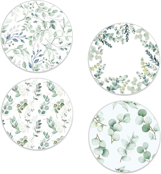 Drinks Coasters Set of 4, Green Plants Sage Round 4" Cup Coasters, Absorbent Ceramic Stone Coasters with Cork Base, Cute Coasters for Table Home Décor, Ideal Gifts for Women Men