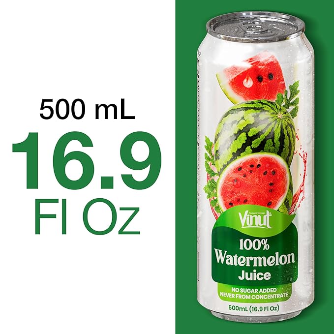 VINUT 100% Watermelon Juice, No Added Sugar, Not From Concentrate, 16.9 fl oz (500 mL) Can, Pack of 12