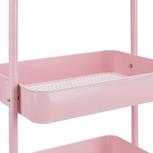 Amazon Basics 3-Tier Rolling Utility or Kitchen Cart, Lockable Wheels, Multifunctional Storage, Metal Storage Organizer, Portable, Dusty Pink
