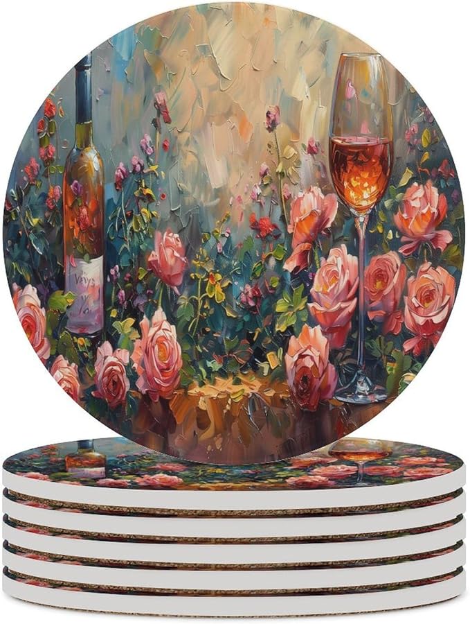 Red Wine Drink Coasters, Round Ceramic Drink Coaster Round-6PCS, Oil Painting Style Red Wine Grapes Floral Rose Flower Pattern Decor Absorbent Ceramic Coasters for Beverage Cup, Bar, Coffee Table