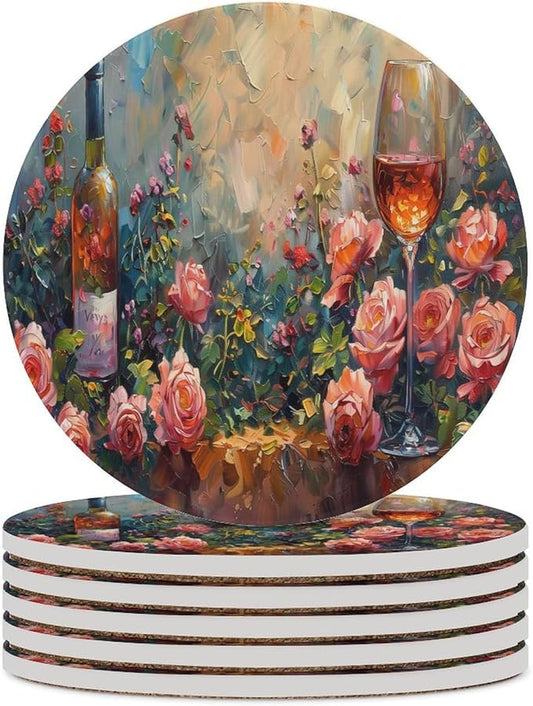 Red Wine Drink Coasters, Round Ceramic Drink Coaster Round-6PCS, Oil Painting Style Red Wine Grapes Floral Rose Flower Pattern Decor Absorbent Ceramic Coasters for Beverage Cup, Bar, Coffee Table