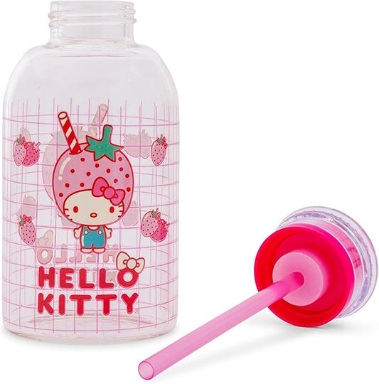 Silver Buffalo Sanrio Hello Kitty Strawberry Milk Grid Glass Milk Bottle with Straw, 15 Ounces