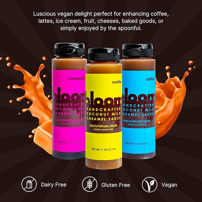 Bloom Caramel Gift Set - Salted, Vanilla, Cardamom Coconut Caramel Sauce - Vegan, Dairy-Free Dessert Topping, Small Batch Artisanal Quality, Perfect for Coffee, Ice Cream, and Baking – 33 oz